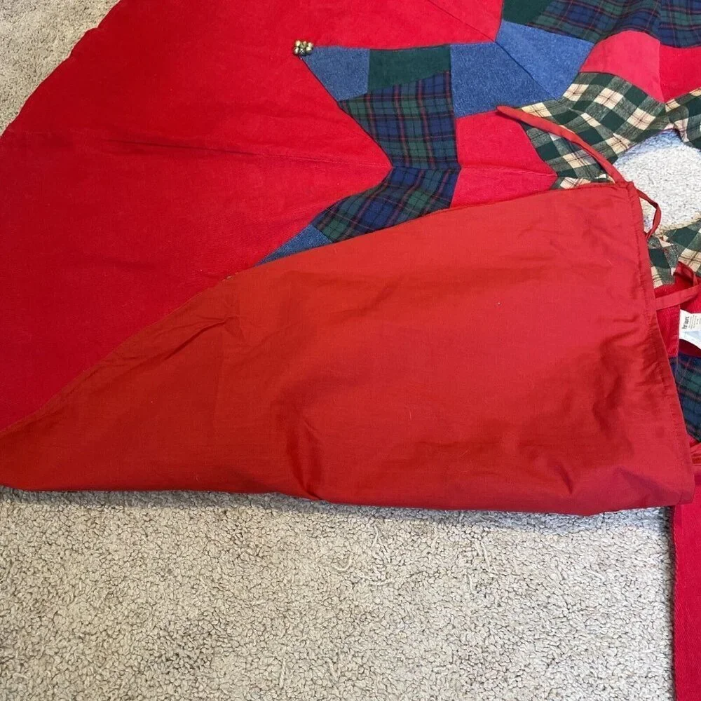 Vintage Pier 1 Christmas Tree Skirt Patchwork Corduroy Denim Jingle Bells 54